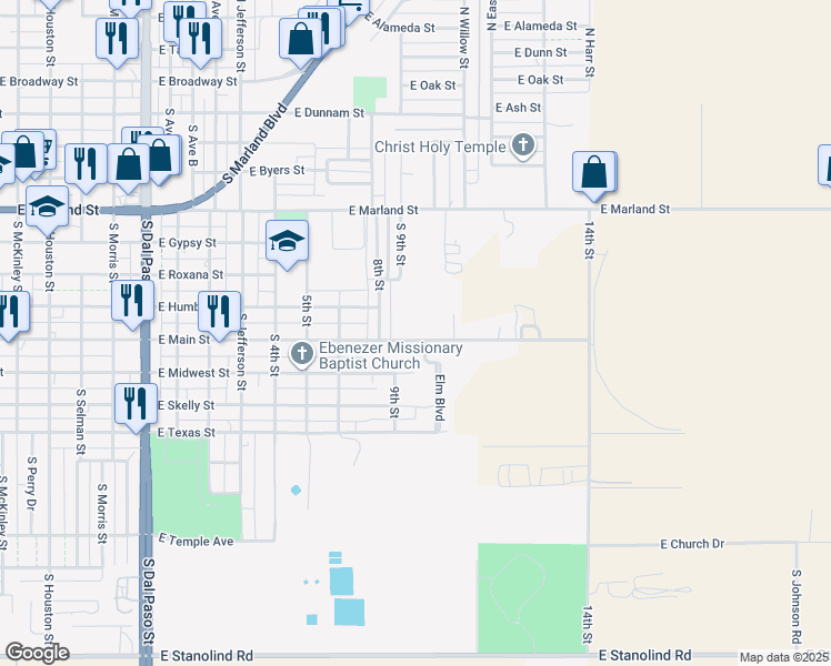 map of restaurants, bars, coffee shops, grocery stores, and more near 1604 East Main Street in Hobbs