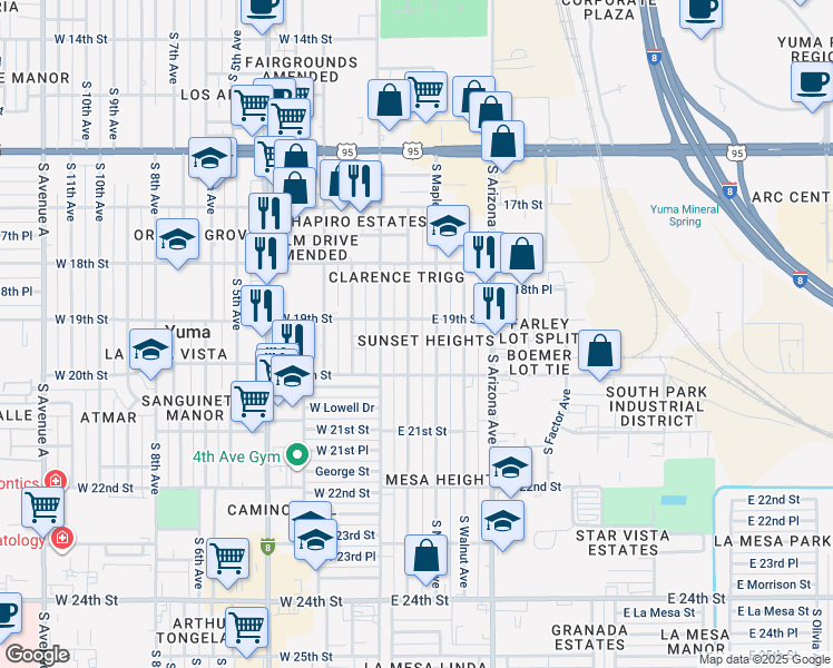 map of restaurants, bars, coffee shops, grocery stores, and more near 1930 South Madison Avenue in Yuma