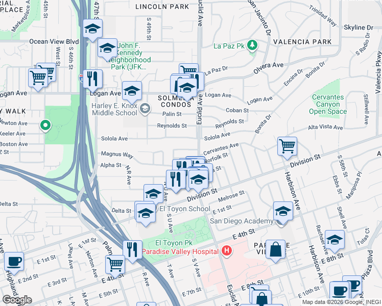 map of restaurants, bars, coffee shops, grocery stores, and more near 5066 Cervantes Avenue in San Diego