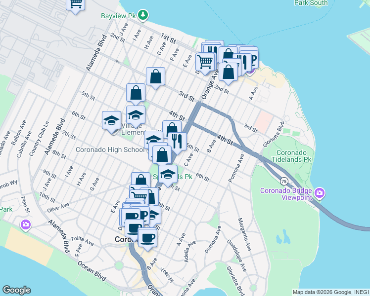 map of restaurants, bars, coffee shops, grocery stores, and more near in Coronado