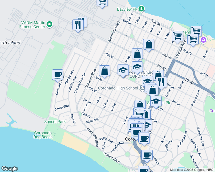 map of restaurants, bars, coffee shops, grocery stores, and more near 738 I Avenue in Coronado