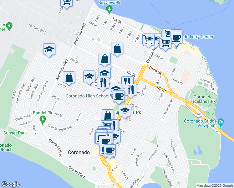 map of restaurants, bars, coffee shops, grocery stores, and more near 546 Palm Avenue in Coronado