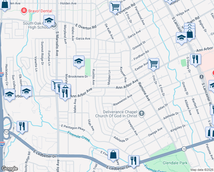 map of restaurants, bars, coffee shops, grocery stores, and more near 1251 Ann Arbor Avenue in Dallas