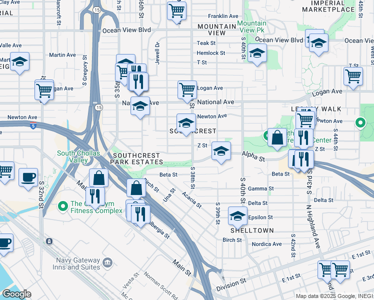 map of restaurants, bars, coffee shops, grocery stores, and more near in San Diego