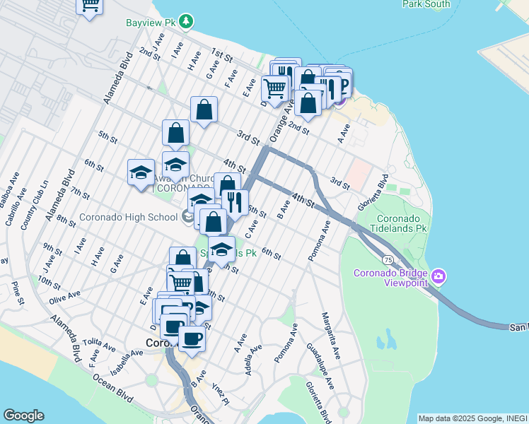 map of restaurants, bars, coffee shops, grocery stores, and more near 1211 5th Street in Coronado