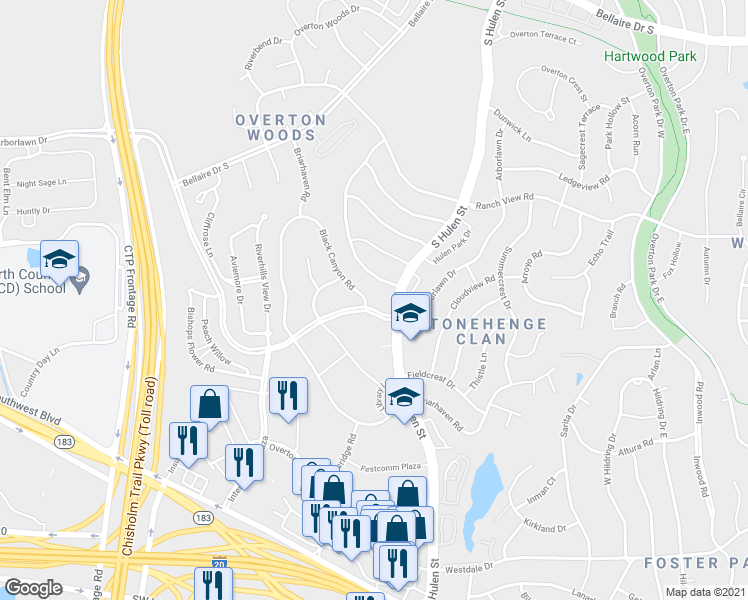 map of restaurants, bars, coffee shops, grocery stores, and more near 3871 Black Canyon Road in Fort Worth