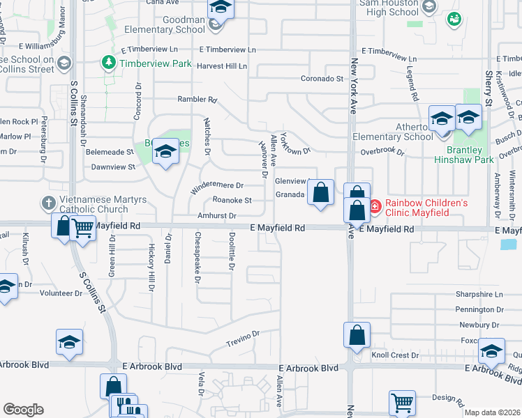 map of restaurants, bars, coffee shops, grocery stores, and more near 3304 Hanover Drive in Arlington