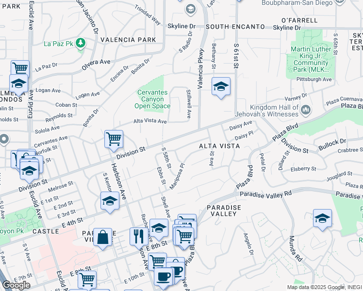 map of restaurants, bars, coffee shops, grocery stores, and more near 5828 Greycourt Avenue in San Diego
