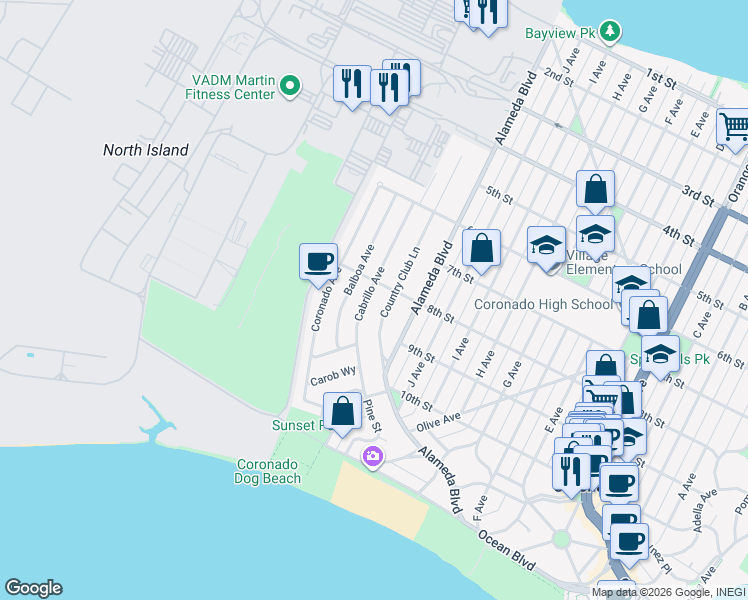 map of restaurants, bars, coffee shops, grocery stores, and more near 821 Cabrillo Avenue in Coronado