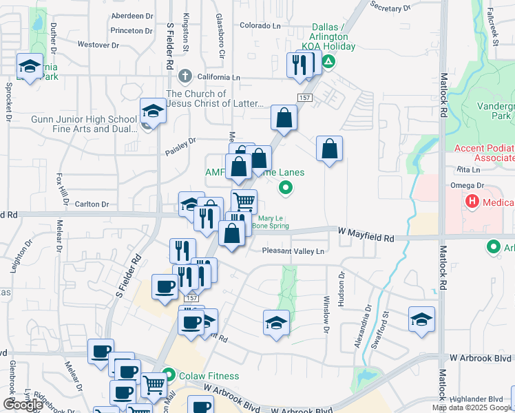 map of restaurants, bars, coffee shops, grocery stores, and more near 3217 South Cooper Street in Arlington
