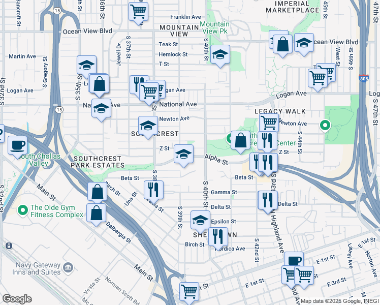 map of restaurants, bars, coffee shops, grocery stores, and more near 3938 Alpha Street in San Diego