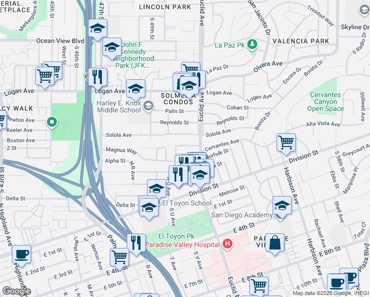 map of restaurants, bars, coffee shops, grocery stores, and more near 5002 Cervantes Avenue in San Diego