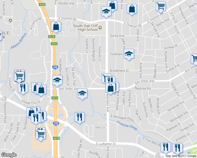 map of restaurants, bars, coffee shops, grocery stores, and more near 4235 Summit Ridge Drive in Dallas