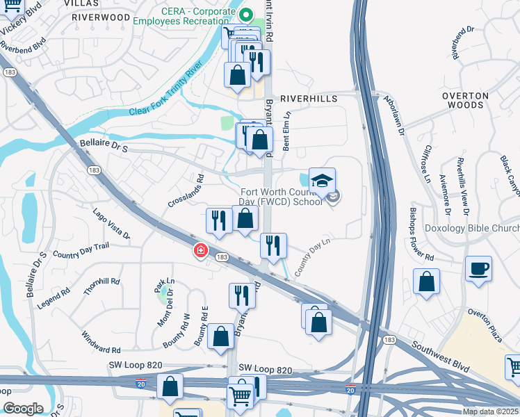 map of restaurants, bars, coffee shops, grocery stores, and more near 4242 Bryant Irvin Road in Benbrook
