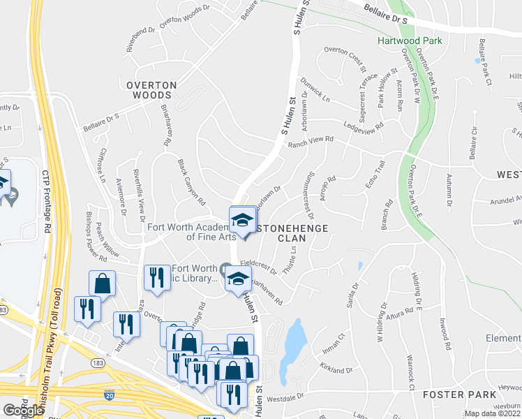 map of restaurants, bars, coffee shops, grocery stores, and more near 3821 Arborlawn Drive in Fort Worth