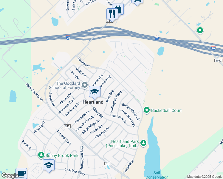 map of restaurants, bars, coffee shops, grocery stores, and more near 2029 River Brook in Forney