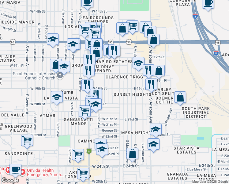 map of restaurants, bars, coffee shops, grocery stores, and more near 1907 South 2nd Avenue in Yuma