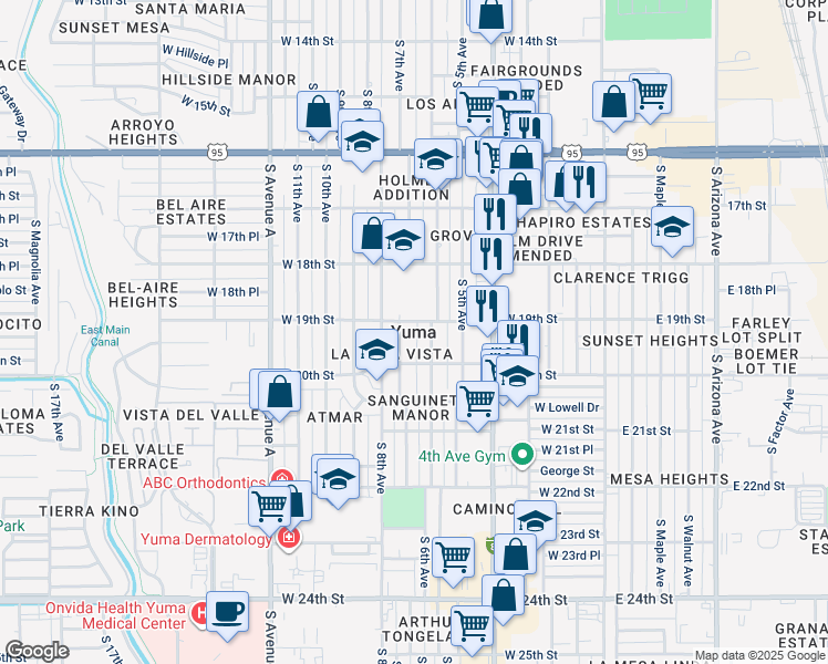 map of restaurants, bars, coffee shops, grocery stores, and more near in Yuma
