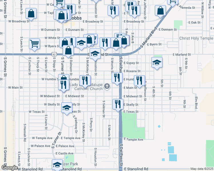 map of restaurants, bars, coffee shops, grocery stores, and more near 608 East Main Street in Hobbs