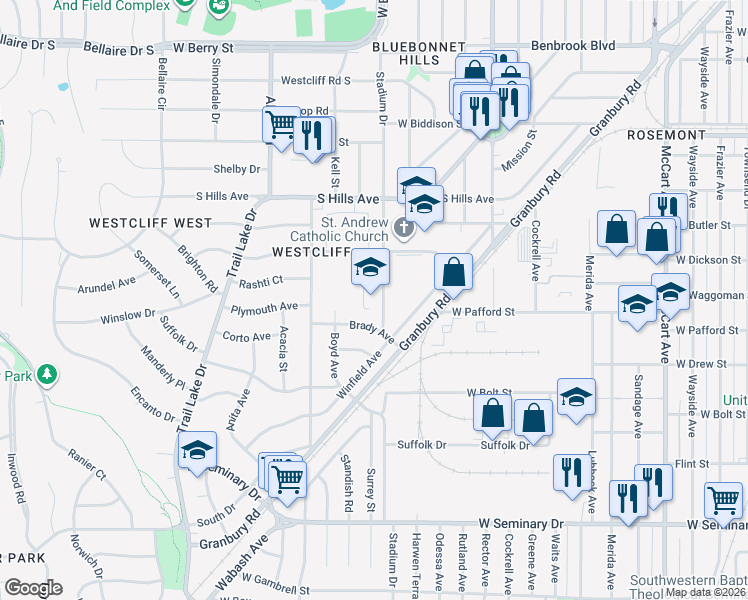map of restaurants, bars, coffee shops, grocery stores, and more near 3816 Stadium Drive in Fort Worth