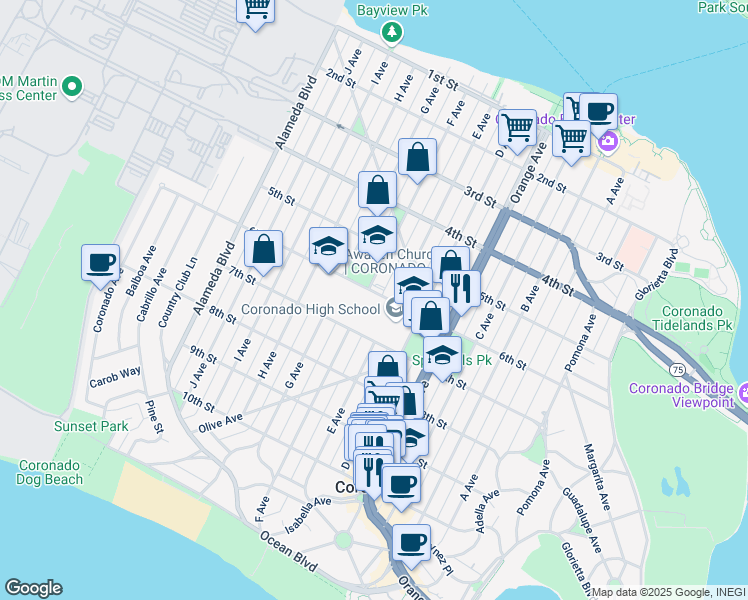 map of restaurants, bars, coffee shops, grocery stores, and more near 818 6th Street in Coronado