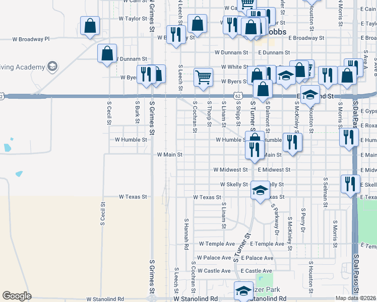 map of restaurants, bars, coffee shops, grocery stores, and more near 500 West Main Street in Hobbs