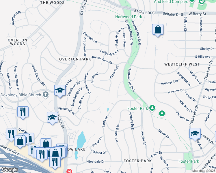 map of restaurants, bars, coffee shops, grocery stores, and more near 3808 Trails Edge Road in Fort Worth