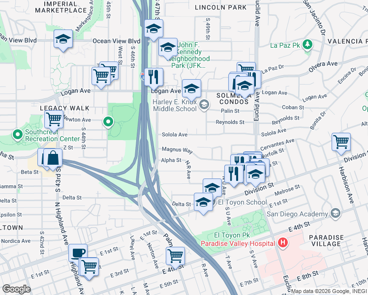 map of restaurants, bars, coffee shops, grocery stores, and more near 1366 Privado Place in San Diego