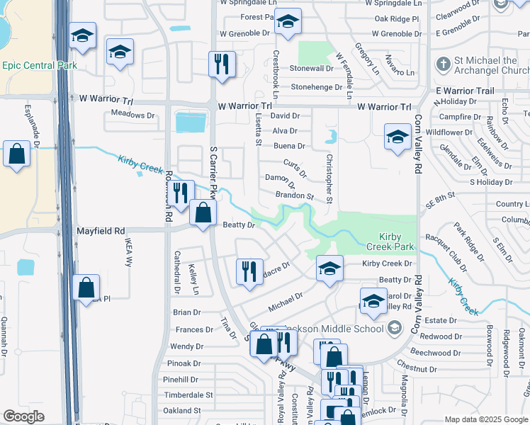 map of restaurants, bars, coffee shops, grocery stores, and more near 3147 Lisetta Street in Grand Prairie