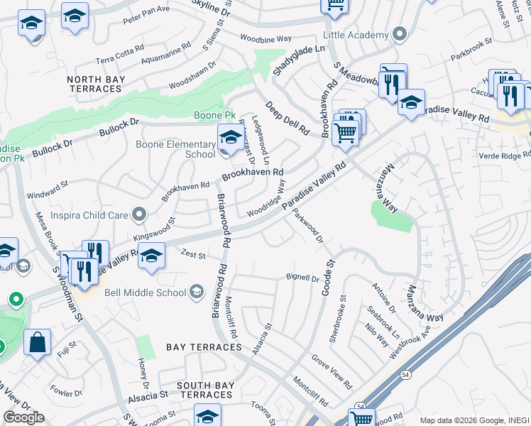 map of restaurants, bars, coffee shops, grocery stores, and more near 7385 Woodridge Way in San Diego