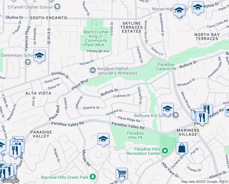 map of restaurants, bars, coffee shops, grocery stores, and more near 6505 Bullock Drive in San Diego