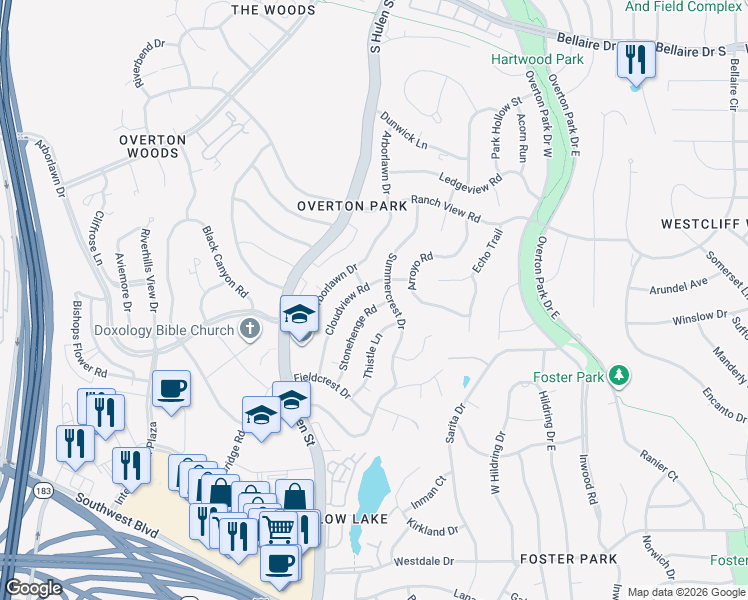 map of restaurants, bars, coffee shops, grocery stores, and more near 3908 Stonehenge Road in Fort Worth