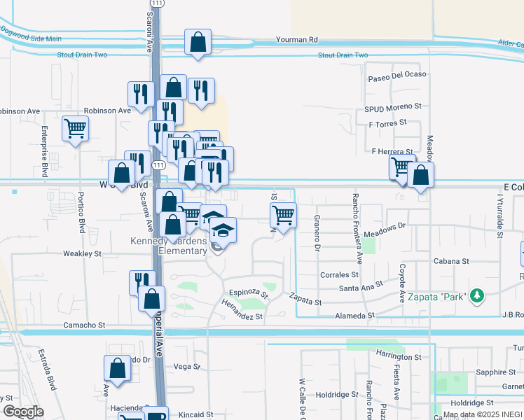 map of restaurants, bars, coffee shops, grocery stores, and more near 291 Avenida Campillo in Calexico