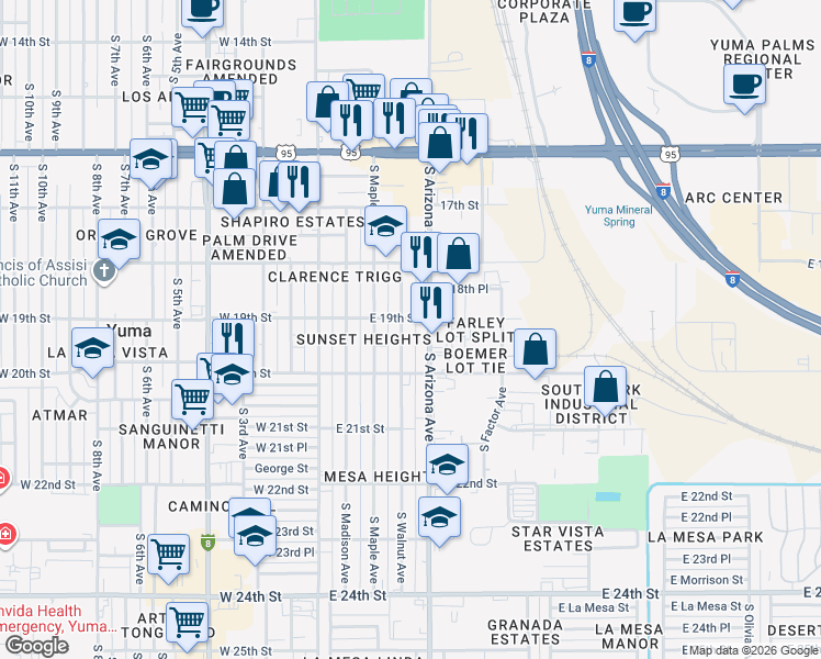 map of restaurants, bars, coffee shops, grocery stores, and more near 1937 South Walnut Avenue in Yuma