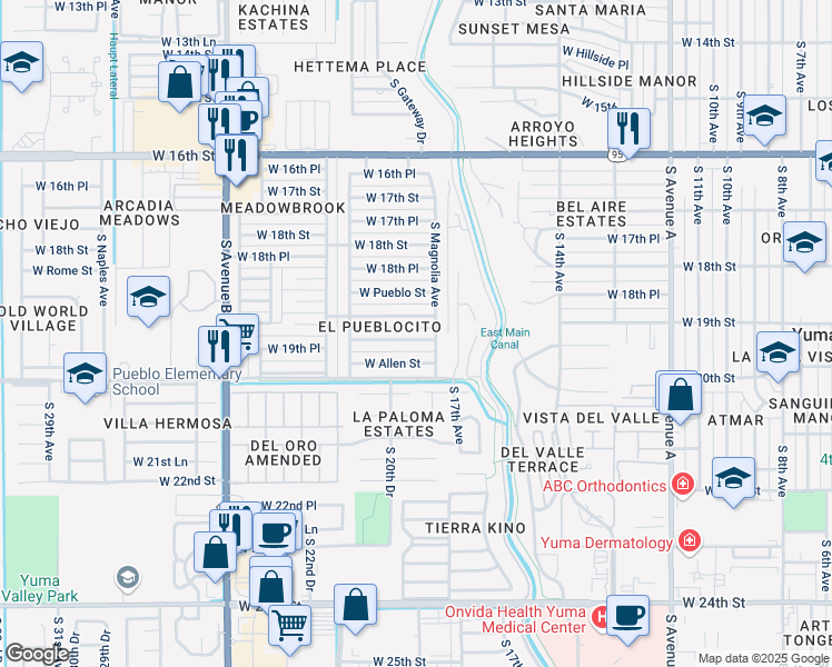 map of restaurants, bars, coffee shops, grocery stores, and more near 1909 West 19th Place in Yuma