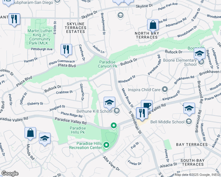 map of restaurants, bars, coffee shops, grocery stores, and more near 1627 Parkland Way in San Diego