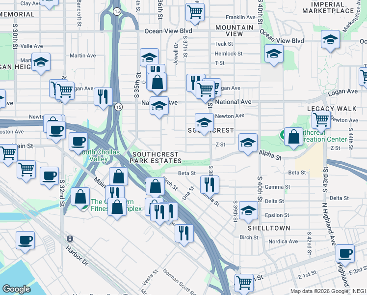 map of restaurants, bars, coffee shops, grocery stores, and more near 3655 Z Street in San Diego