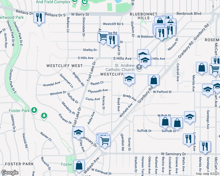 map of restaurants, bars, coffee shops, grocery stores, and more near 3841 Carolyn Road in Fort Worth