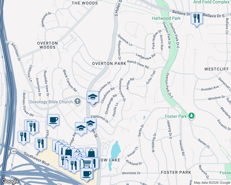 map of restaurants, bars, coffee shops, grocery stores, and more near 3908 Stonehenge Road in Fort Worth