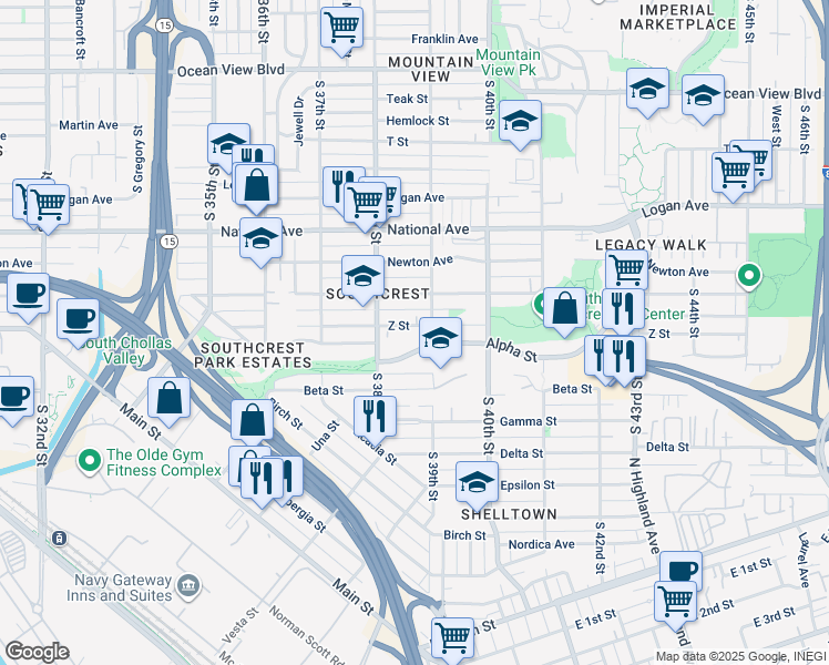 map of restaurants, bars, coffee shops, grocery stores, and more near 3863 Z Street in San Diego