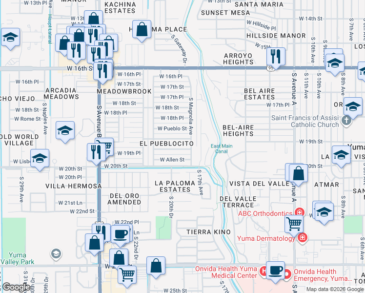 map of restaurants, bars, coffee shops, grocery stores, and more near 1909 West 19th Place in Yuma