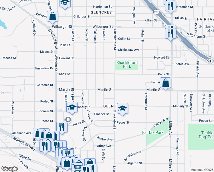 map of restaurants, bars, coffee shops, grocery stores, and more near 3525 Martin Street in Fort Worth