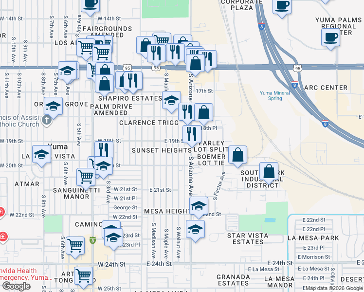 map of restaurants, bars, coffee shops, grocery stores, and more near 1937 South Walnut Avenue in Yuma
