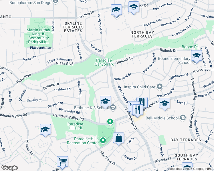 map of restaurants, bars, coffee shops, grocery stores, and more near 1627 Parkland Way in San Diego
