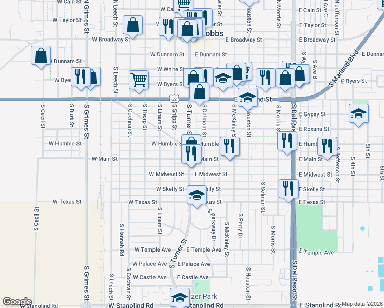 map of restaurants, bars, coffee shops, grocery stores, and more near 100 West Main Street in Hobbs