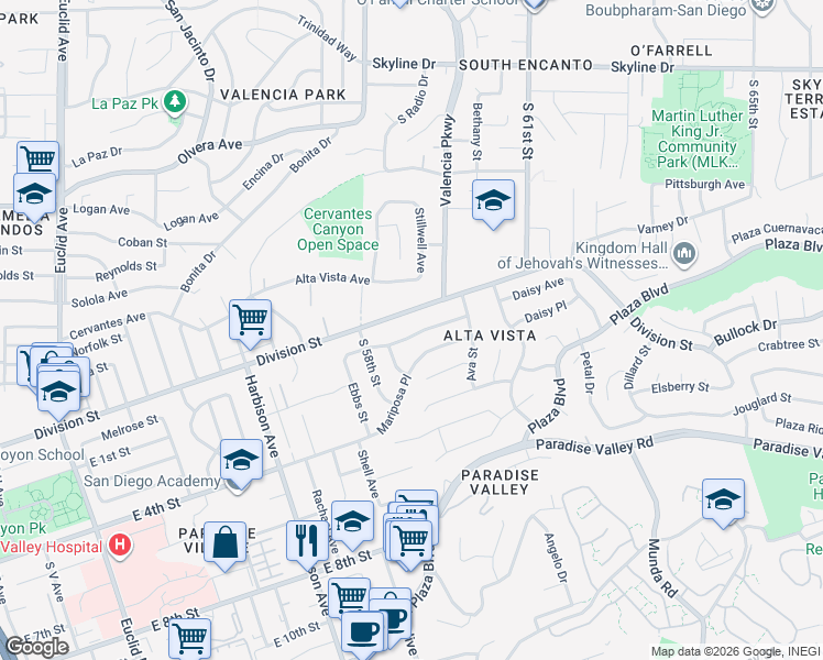 map of restaurants, bars, coffee shops, grocery stores, and more near 5828 Greycourt Avenue in San Diego