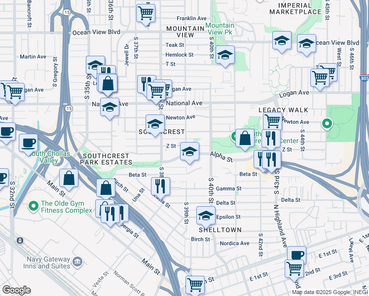 map of restaurants, bars, coffee shops, grocery stores, and more near 3863 Z Street in San Diego