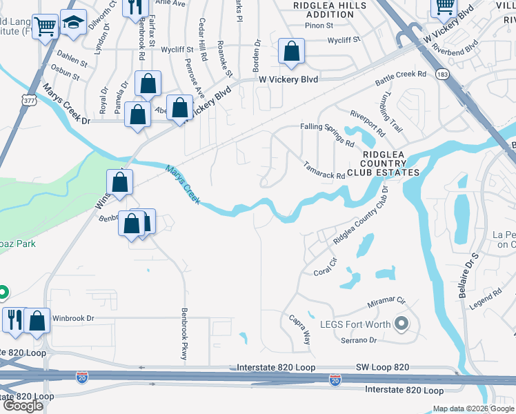 map of restaurants, bars, coffee shops, grocery stores, and more near 3901 Winding Way in Benbrook