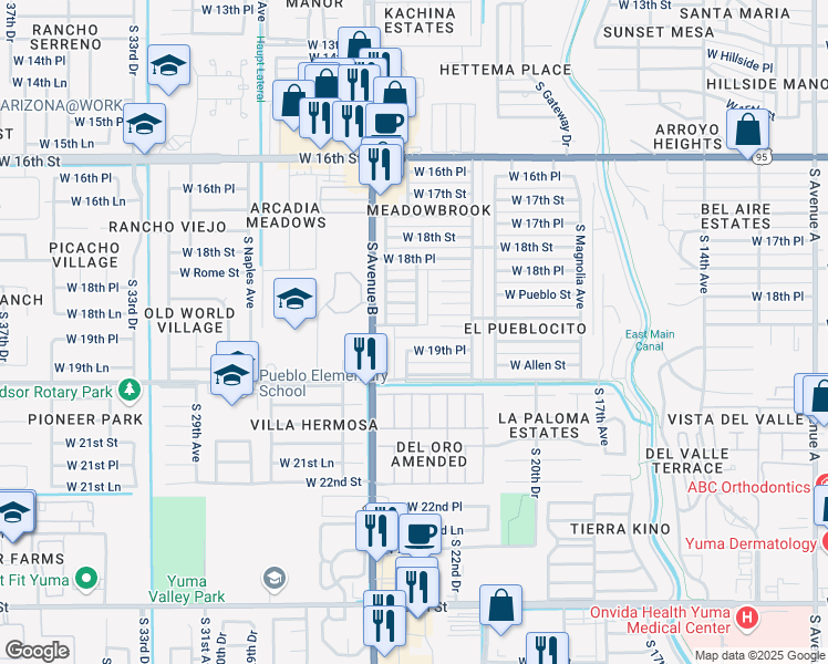 map of restaurants, bars, coffee shops, grocery stores, and more near 1933 South Avenue B in Yuma