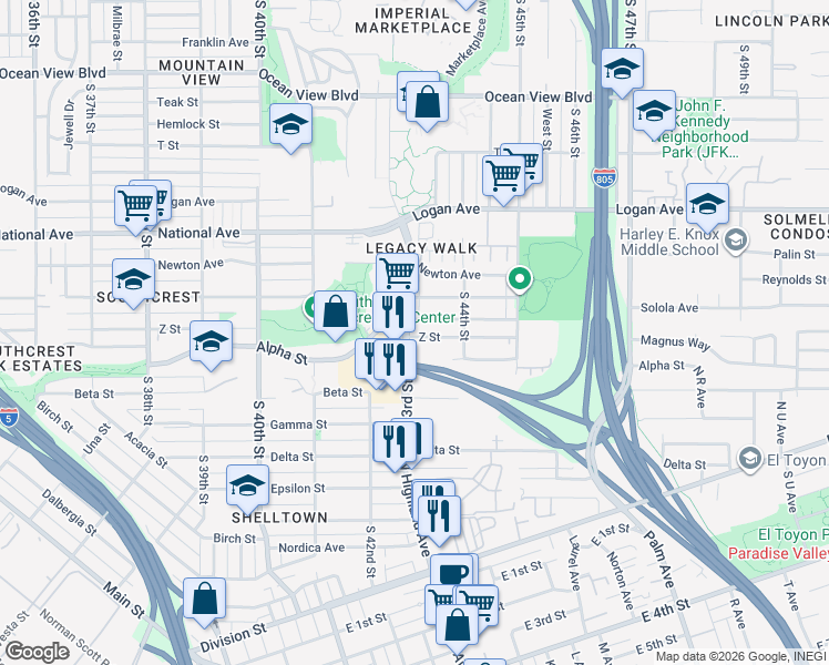 map of restaurants, bars, coffee shops, grocery stores, and more near 4311 Z Street in San Diego
